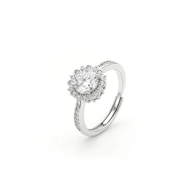 Sunflower Halo CZ Engagement Ring – Adjustable Open Band CZ Fashion Ring Qme
