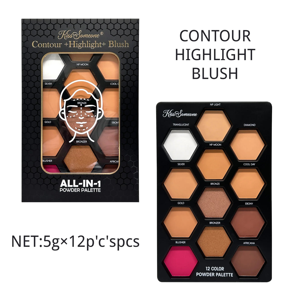 12-Color Contour Blush & Highlighter Powder Palette | Qme Contour Blush Palette Qme