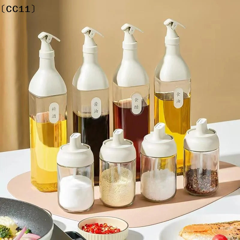 Glass Salt Shaker Pepper Jar & Oil Bottle Set – Moisture-Proof Lid Seasoning Bottle Set Qme