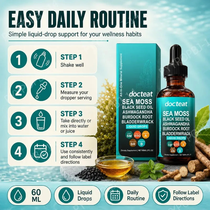 Docteat Sea Moss Liquid Drops 60ml – Gut, Skin & Immune Support Sea Moss Supplement Qst