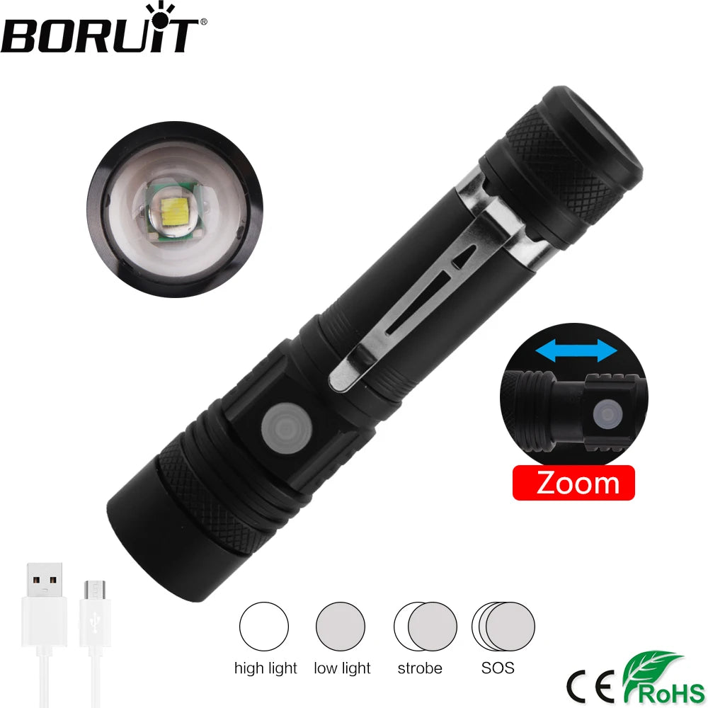 BORUiT 800LM LED Tactical Flashlight – Zoomable 18650 Torch LED Tactical Flashlight Qst With Battery