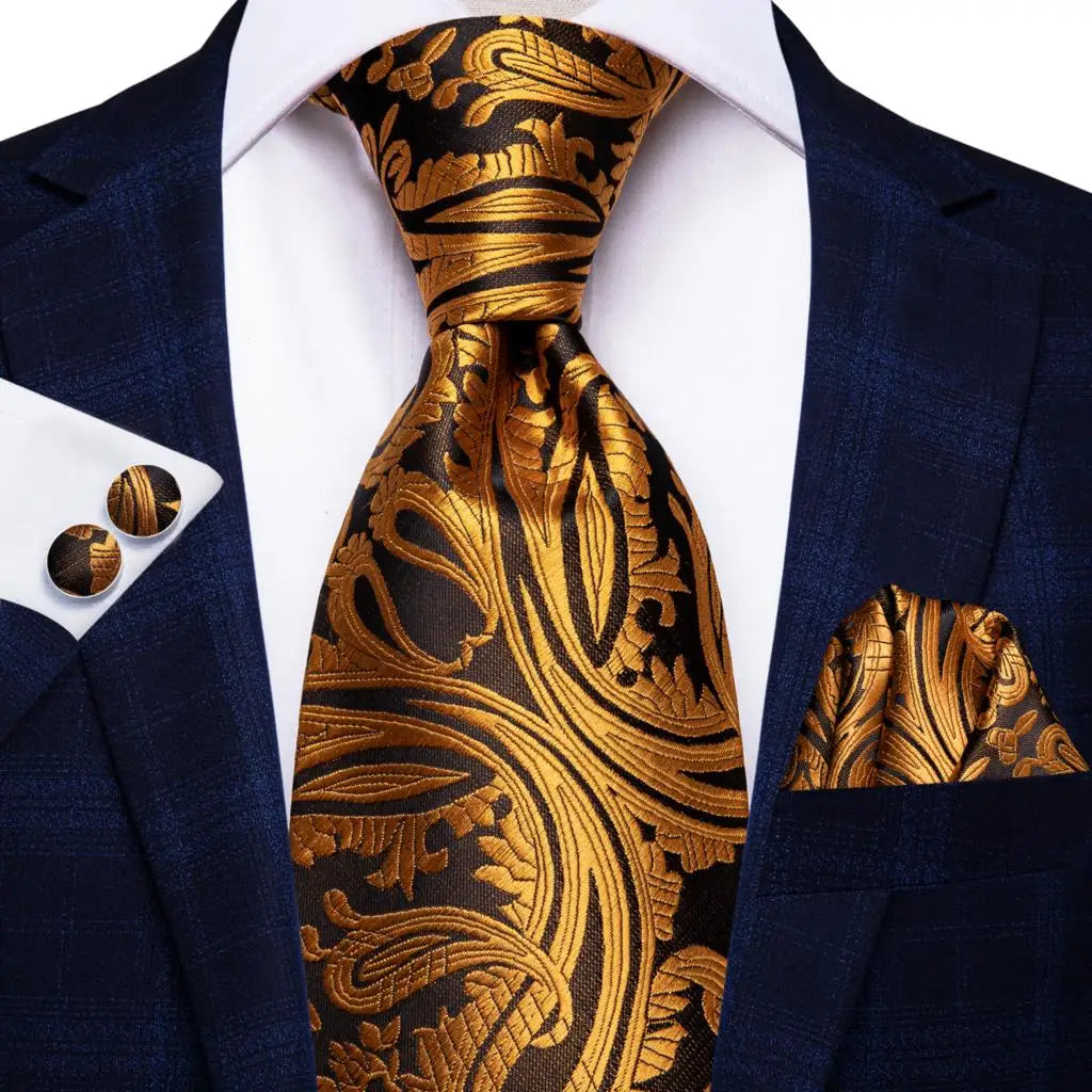 Hi-Tie 100% Silk Black Gold Jacquard Wedding Necktie Set