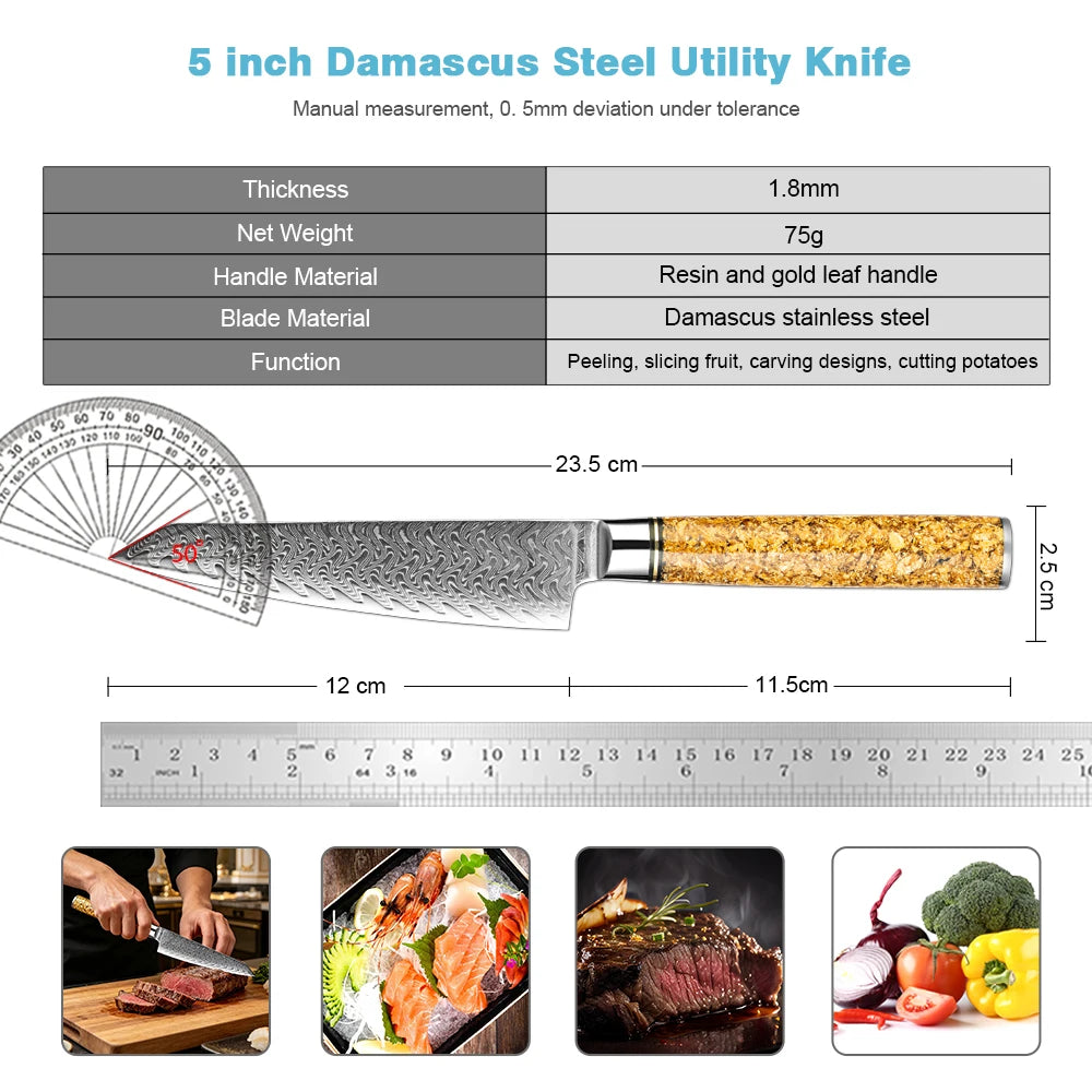 XITUO 5-Inch Damascus Steel Utility Knife – Gold Leaf Handle Damascus Utility Knife Qst