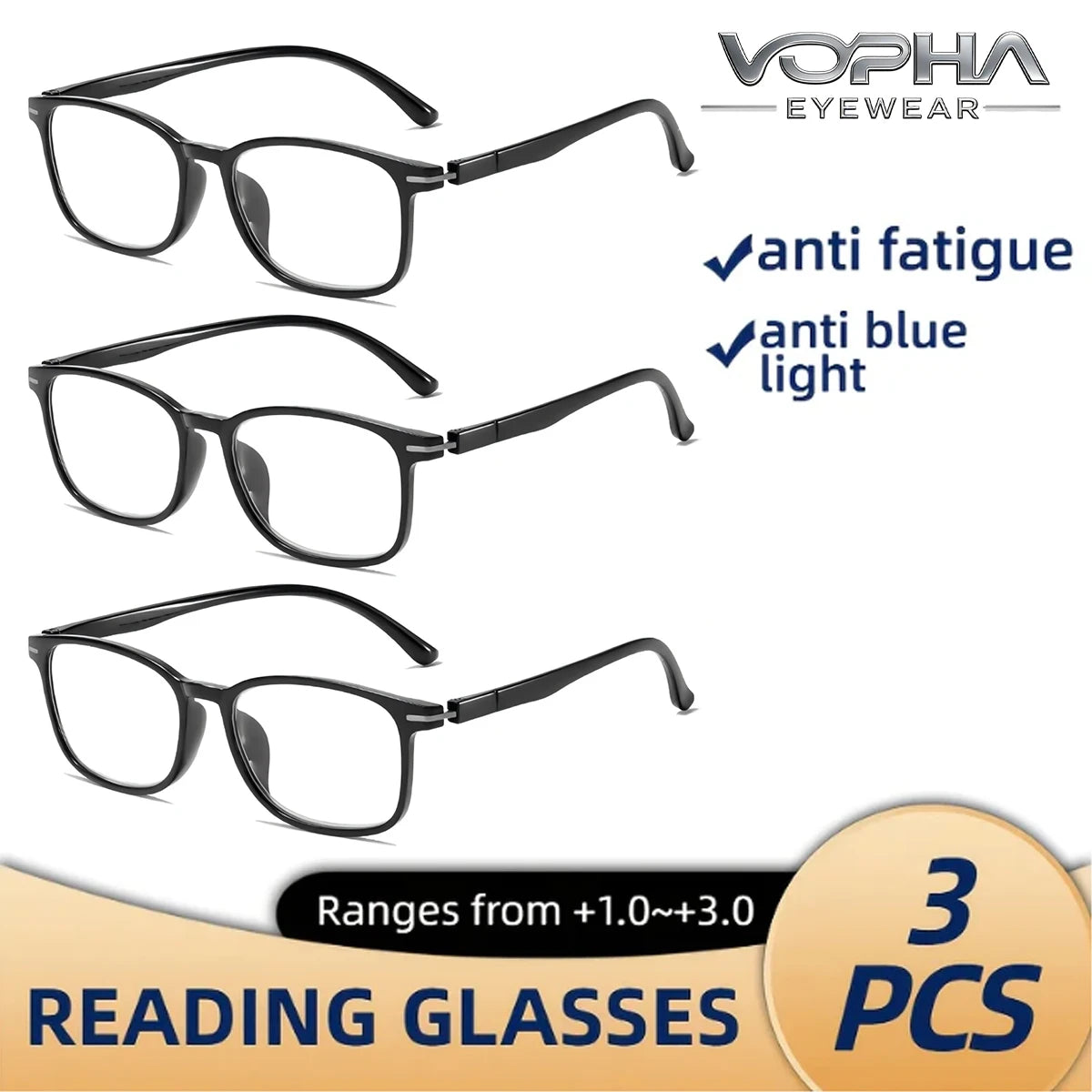 VOPHA 3-Pack Blue Light Blocking Reading Glasses Unisex L10 Reading Glasses Qst