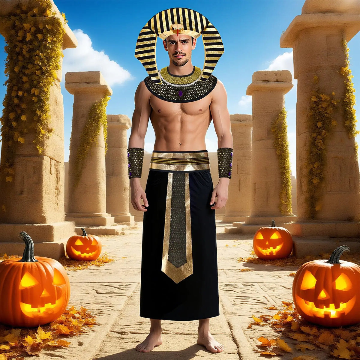 Egyptian Cleopatra Pharaoh Costume Set – Headpiece, Collar & Belt Costume Accessory Set Qme