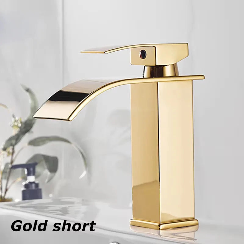 Waterfall Bathroom Faucet – 304 Stainless Steel Single Handle Tap Bathroom Basin Faucet Qst Gold short