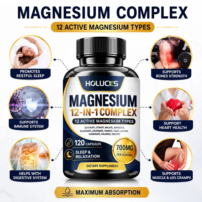 HOLUCKS 12-in-1 Magnesium Complex Capsules | Glycinate Citrate Magnesium Supplement Qst