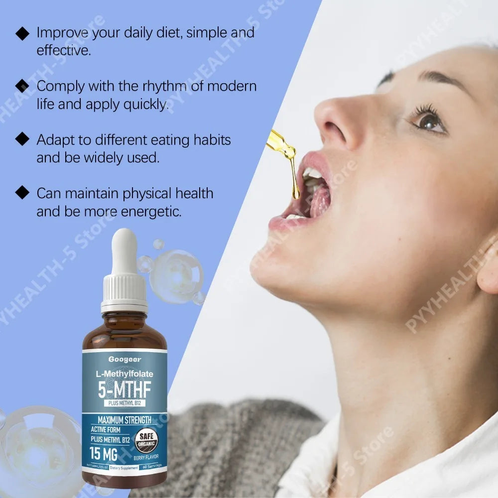 L-Methylfolate & Methyl B12 Liquid Drops | Active 5-MTHF 60ml Liquid Vitamin Drops Qst