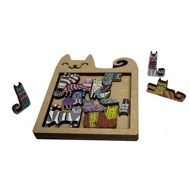Irregular Cat Wooden Puzzle – Brain Teaser & Art Piece Gift Wooden Jigsaw Puzzle Qst