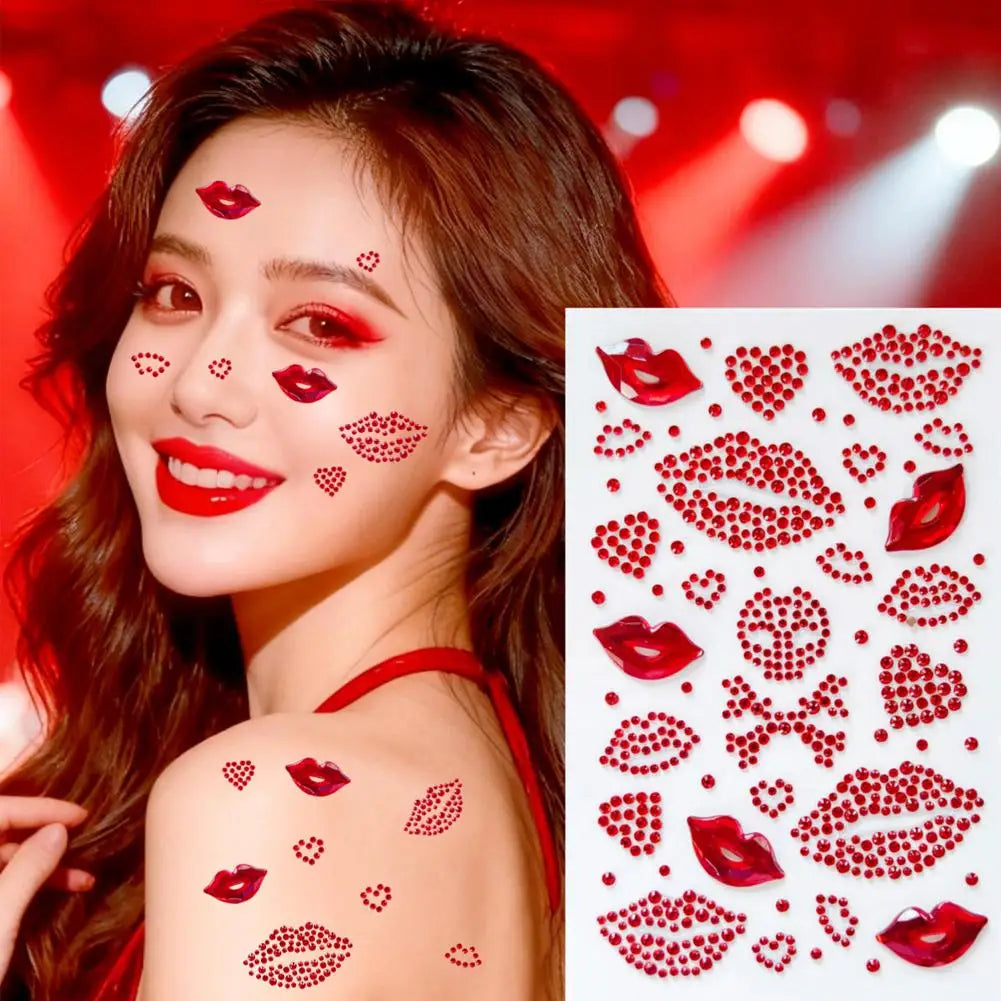 Red Heart Lips Rhinestone Face & Body Glitter Tattoo Stickers Face & Body Gems Qme