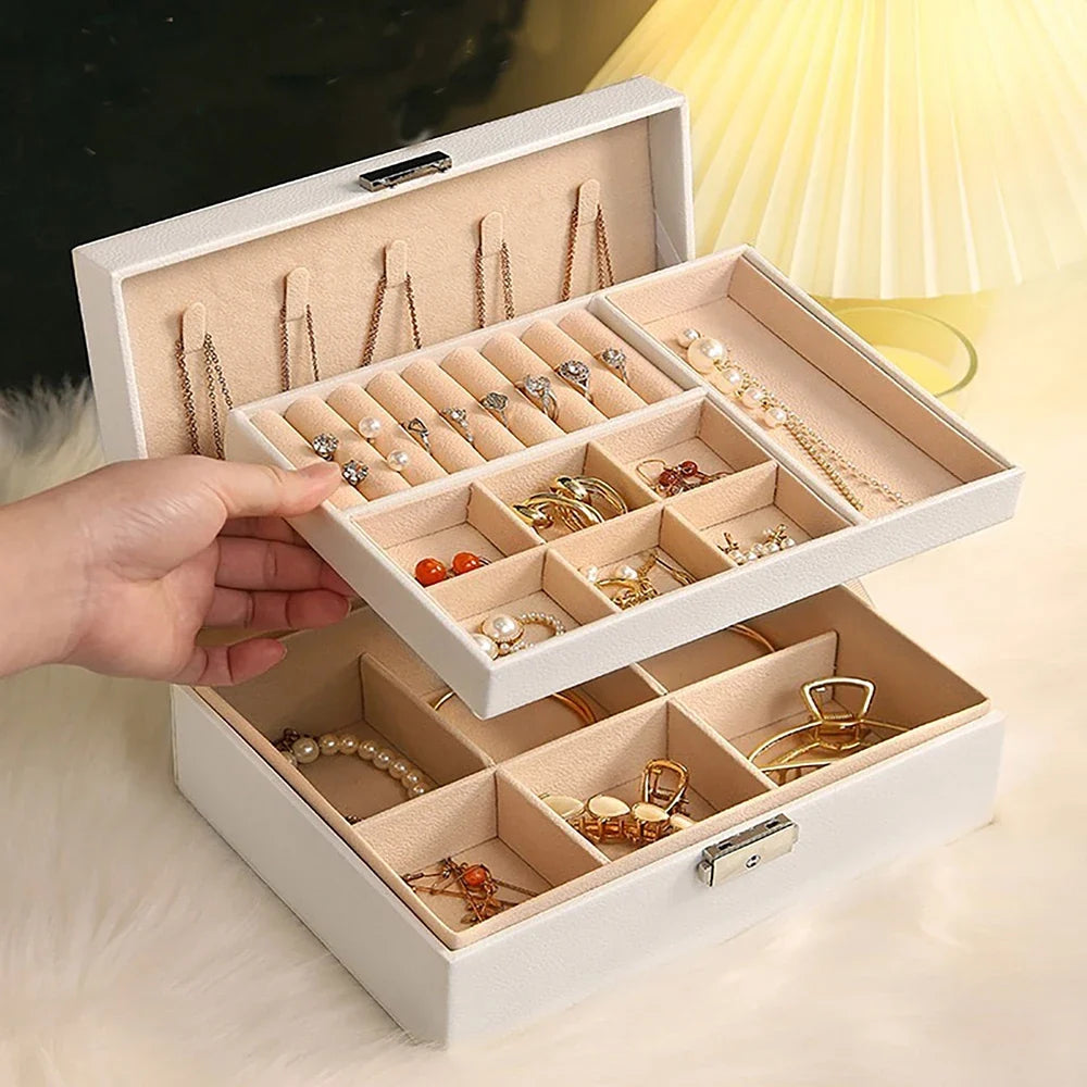 Double-Layer Locking Jewelry Box | PU Leather Organizer Jewelry Storage Box Qme