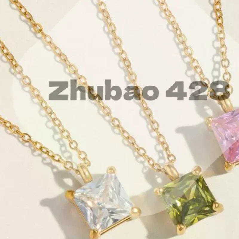 Minimalist Stainless Steel Square Zircon Pendant Necklace Pendant Necklace Qme