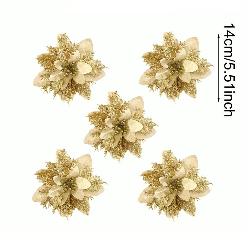 Glitter Christmas Flower Tree Ornaments – 4 Colors | 2025 Christmas Tree Ornaments Qme Gold 5PCS