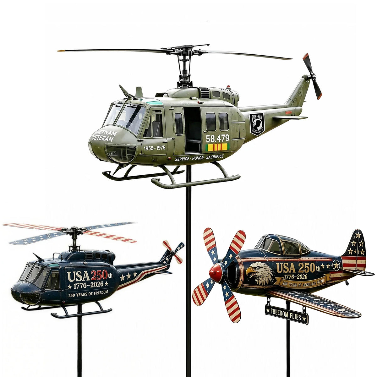 Metal Patriotic Helicopter Wind Spinner Garden Windmill Stake Garden Wind Spinner Qme