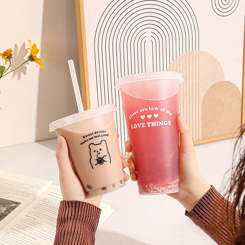 Kawaii Transparent Plastic Cup with Straw Lid – Reusable Reusable Straw Cup Qst
