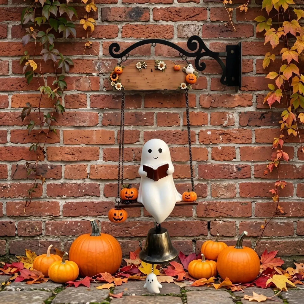 Halloween Ghost Doorbell Ornament – Vintage Resin Hanging Bell Halloween Door Ornament Qme