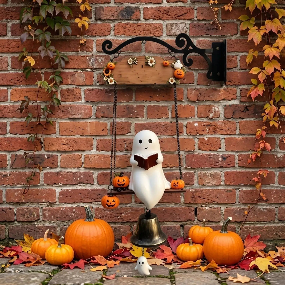 Halloween Ghost Doorbell Ornament – Vintage Resin Hanging Bell Halloween Door Ornament Qme