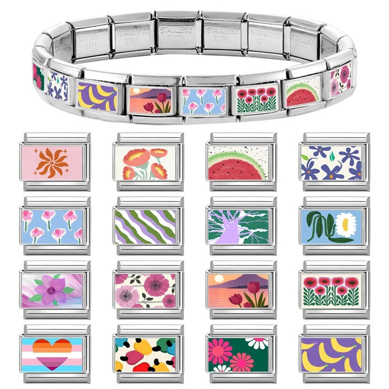 Italian Charm Links – Lake Sunset Tulips & Heart Design Italian Charm Links Qme