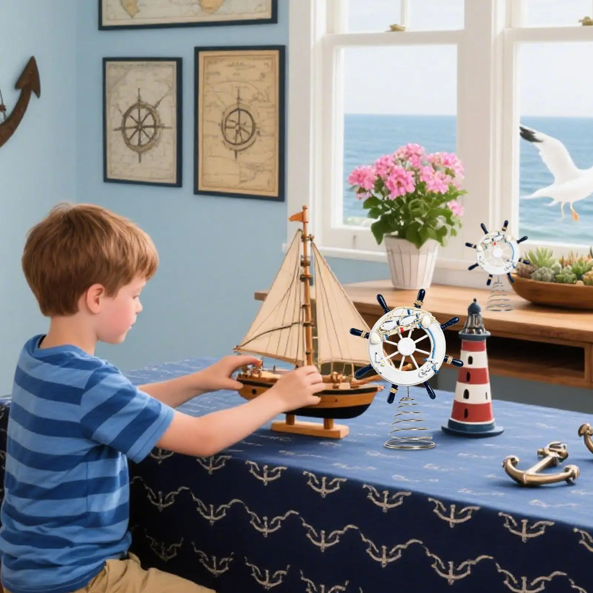 Ship Wheel Decor with Fishing Net – Coastal Nautical Accent Nautical Home Decor Qme