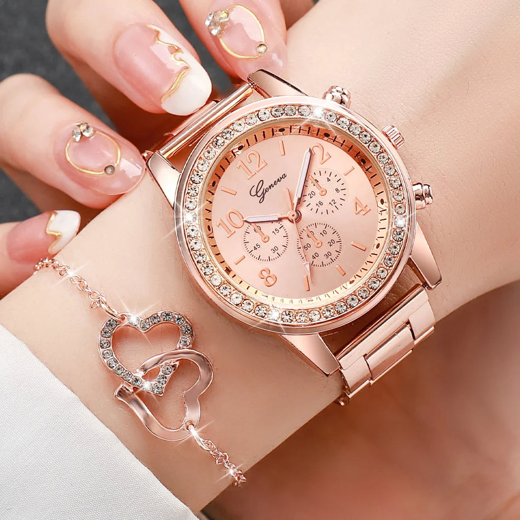 Women's Diamond Double Heart Quartz Watch – Steel Strap Fashion Watch Qme