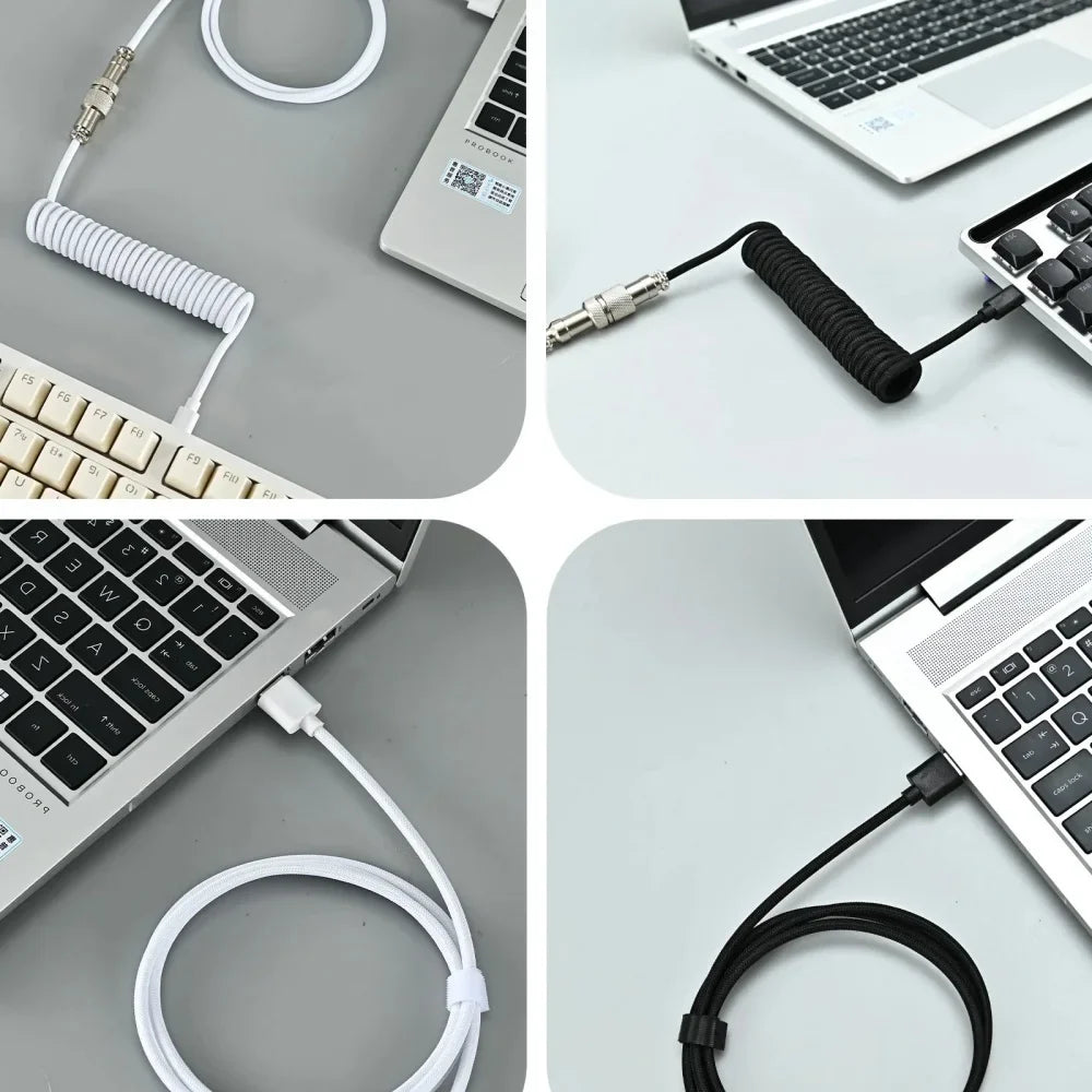 USB-C Coiled Mechanical Keyboard Cable | Braided Spring Spiral Coiled Keyboard Cable Qme