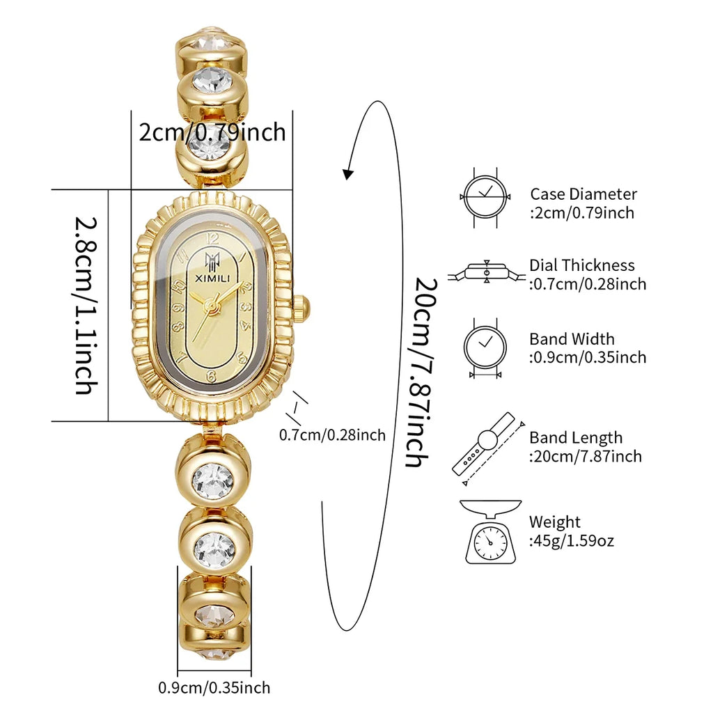 Women's Crystal Quartz Watch – Oval Gold Dial & Diamond Bezel Women's Fashion Watch Qme