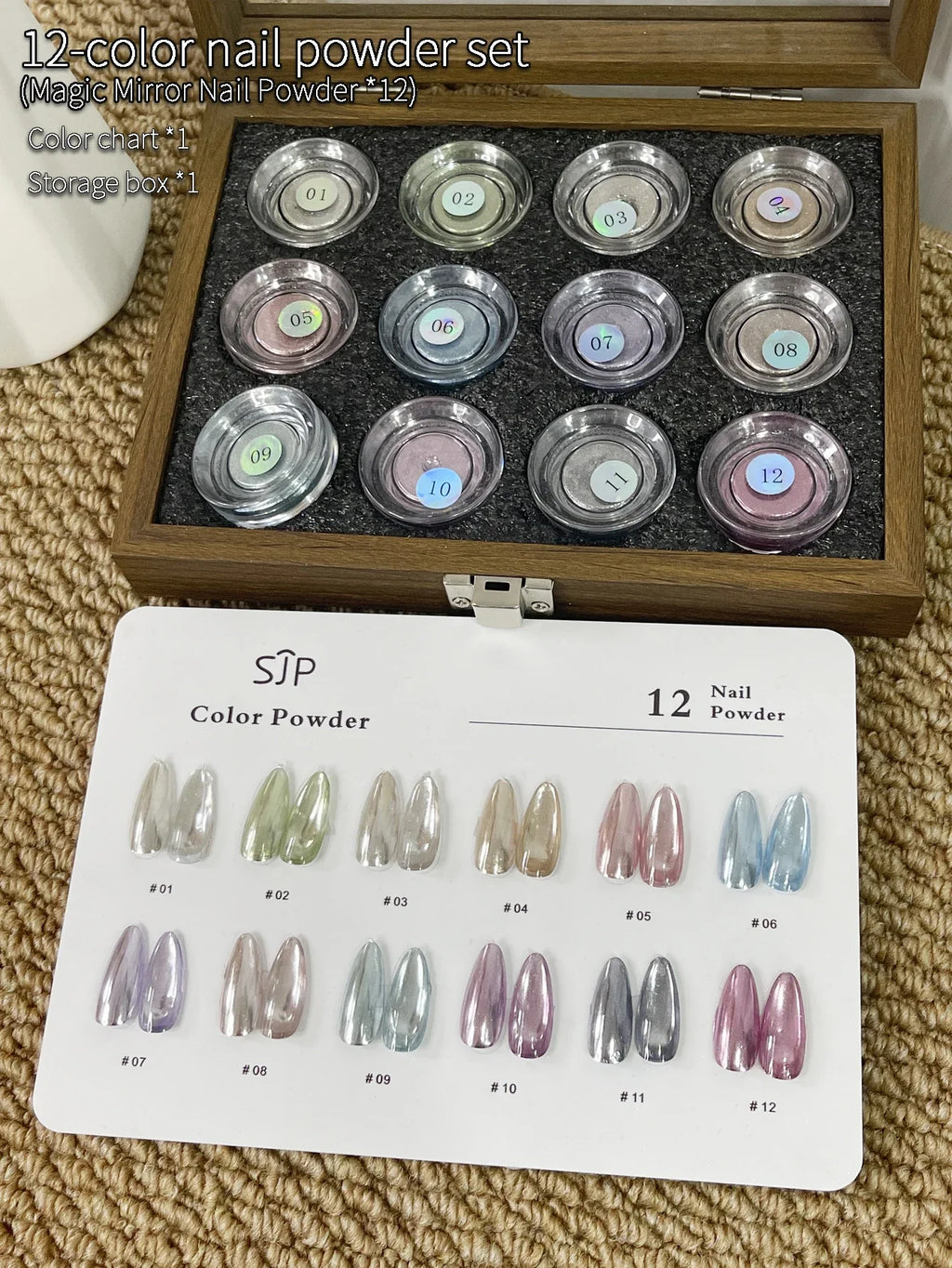 12-Color Mirror Nail Powder Set with Cards & Storage Box Mirror Nail Powder Kit Qme