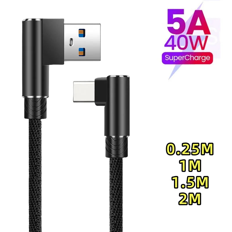 40W USB-C 90° Elbow Fast Charging Cable | 5A Braided PD Cord USB-C Charging Cable Qme