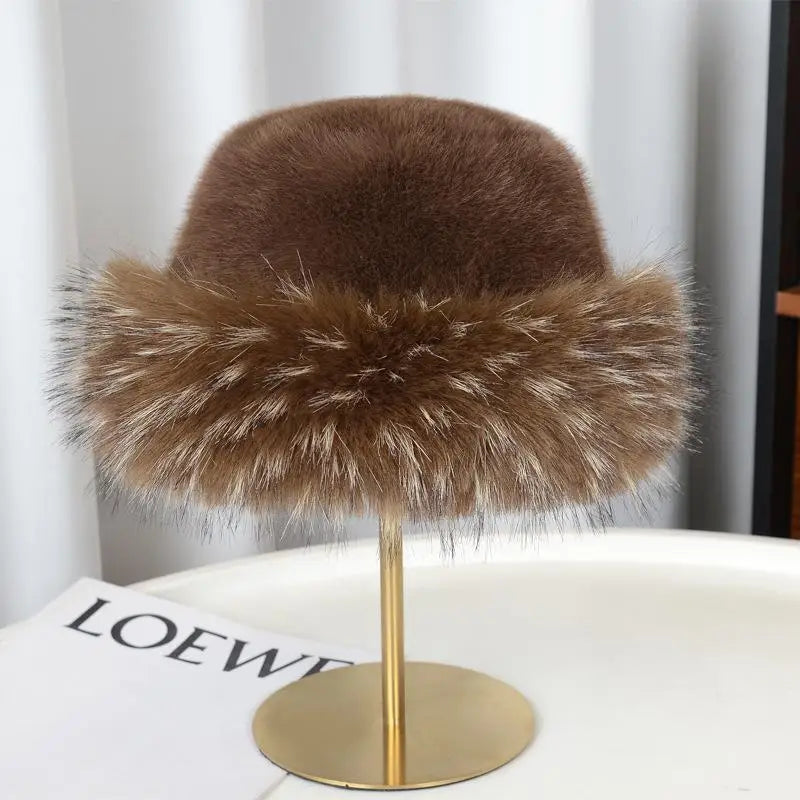 Women's Winter Plush Faux Fur Bucket Hat – Windproof & Warm Winter Bucket Hat Qst A4