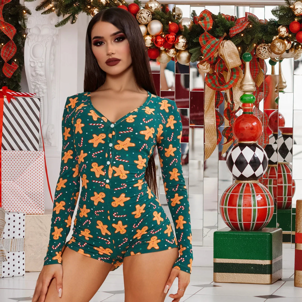 Women's Christmas Gingerbread Long Sleeve Jumpsuit Romper Holiday Costume Jumpsuit Qme