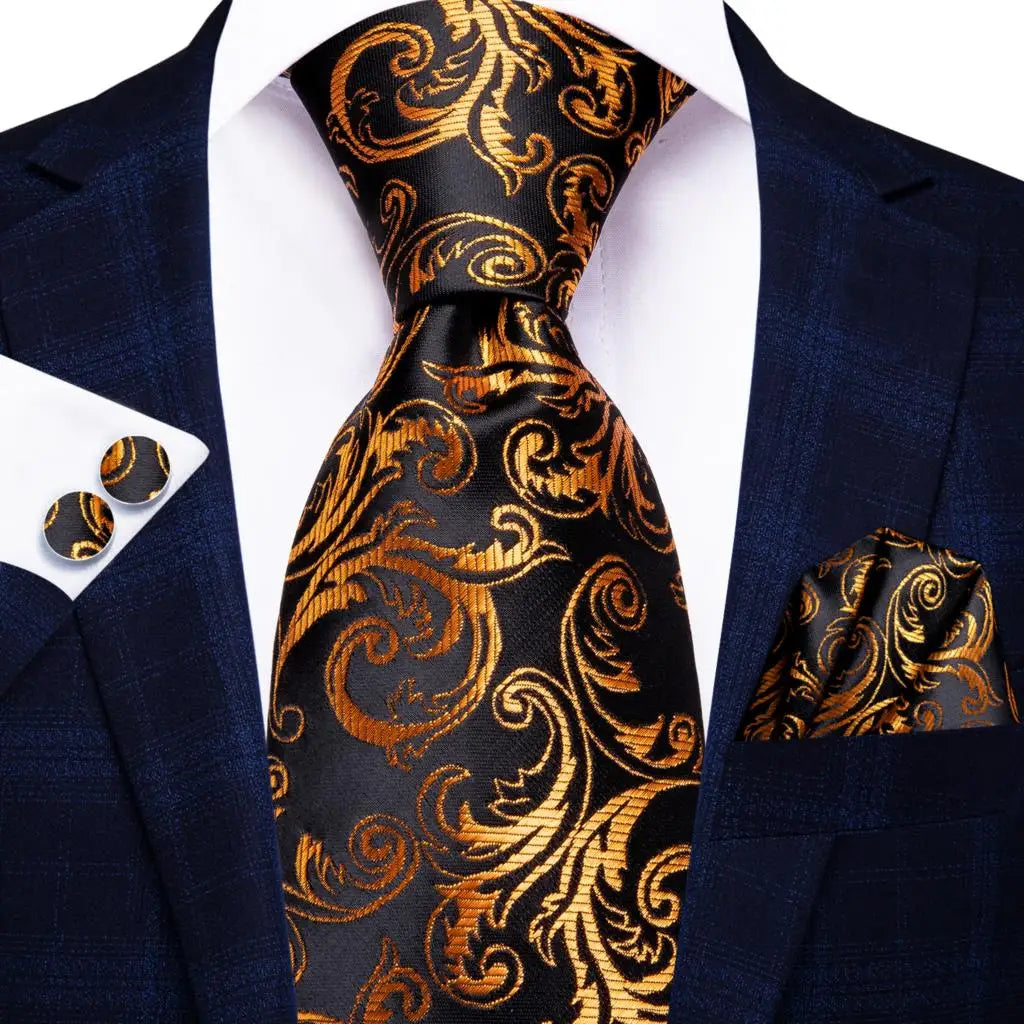 Hi-Tie 100% Silk Black Gold Jacquard Wedding Necktie Set