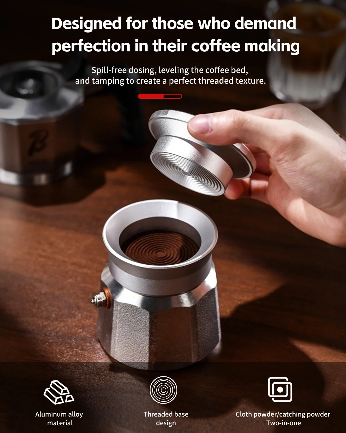 Bincoo Aluminum Moka Pot Coffee Tamper & Dosing Funnel 2 Cup Coffee Tamper Funnel Qst