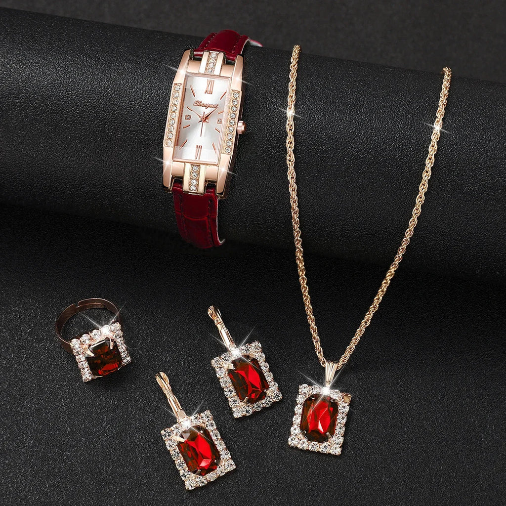 Women's Diamond Studded Rectangular Leather Watch Set – 5 Piece Women's Watch Set Qme