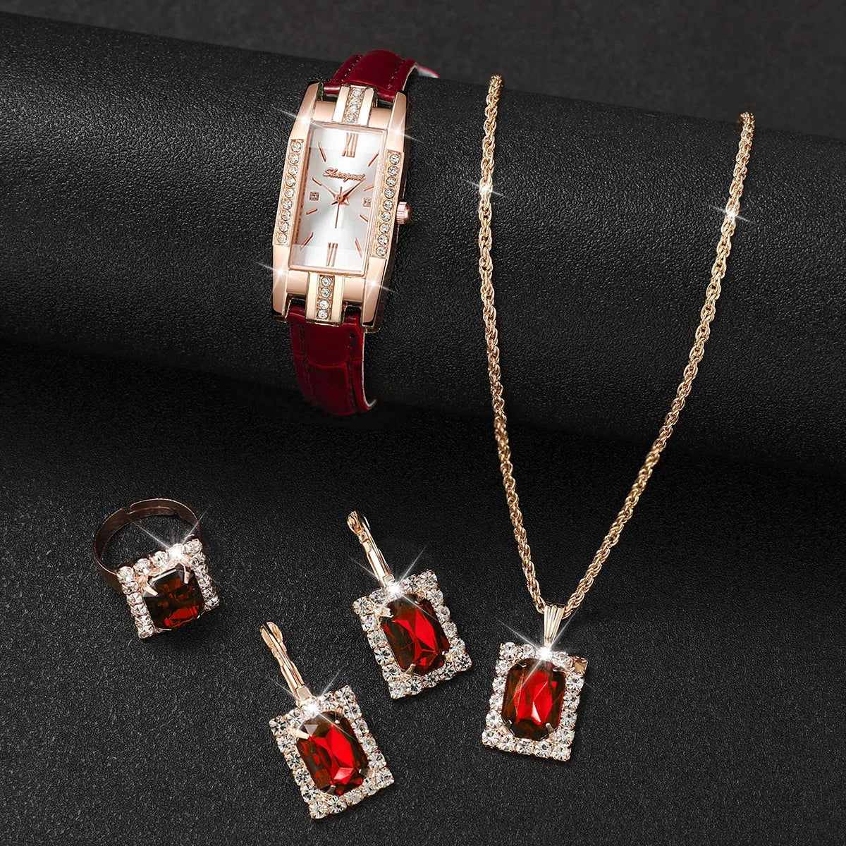 Women's Diamond Studded Rectangular Leather Watch Set – 5 Piece Women's Watch Set Qme