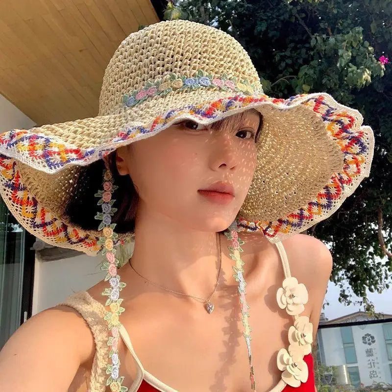 Women's Wide-Brim Raffia Straw Sun Hat – Beach & Outdoor Straw Sun Hat Qst one size A
