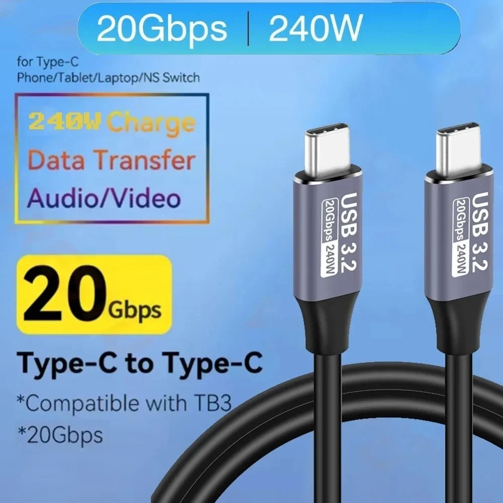 USB 3.2 20Gbps Type-C Cable 240W 5A Fast Charging 4K 60Hz USB-C Cable Qme