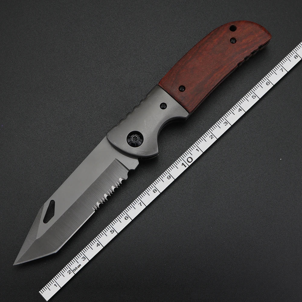 XUAN FENG Serrated Folding Knife – D2 Steel Wood Handle EDC Folding Outdoor Knife Qst