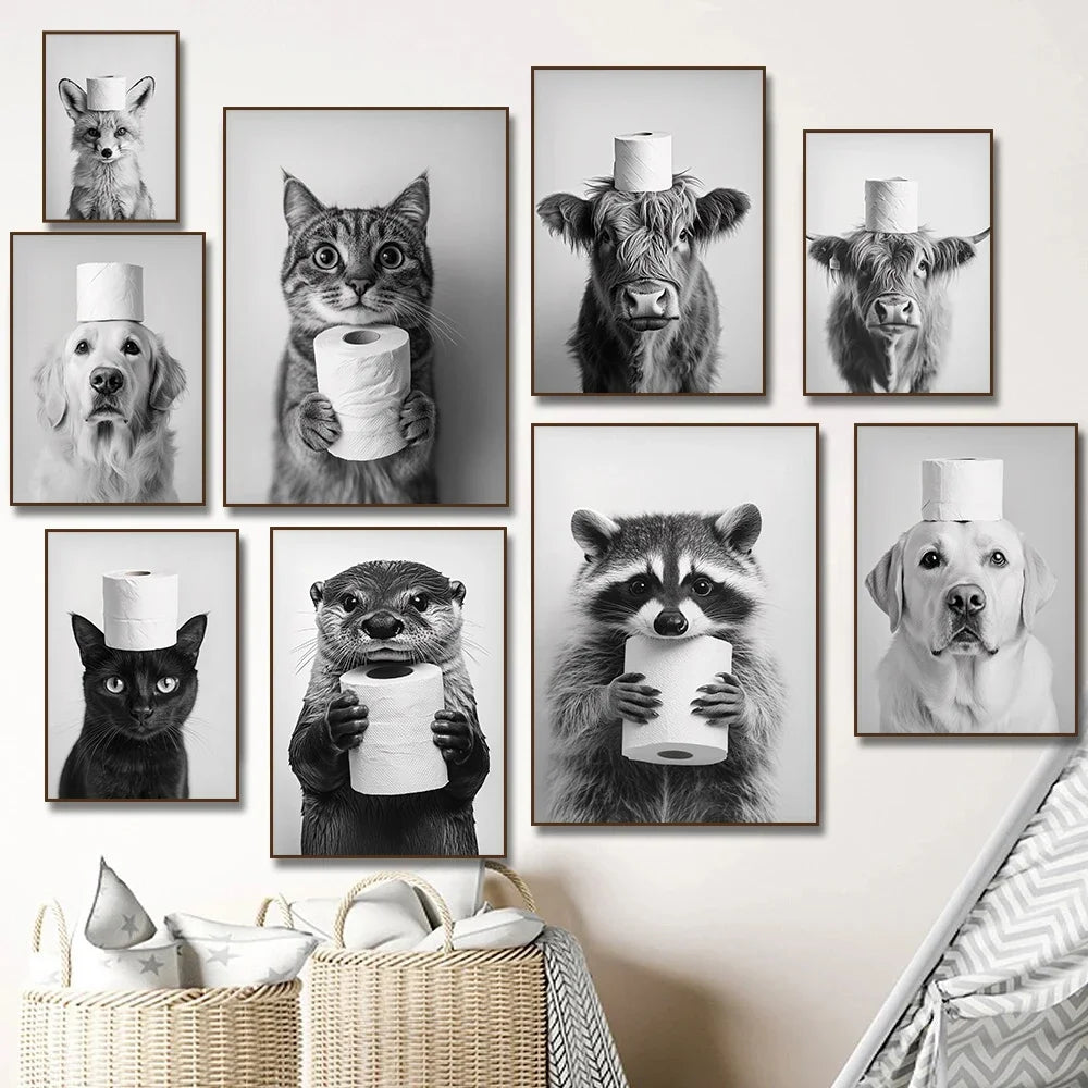 Funny Animal Toilet Paper Canvas Print – Bathroom Wall Art Canvas Wall Art Qst
