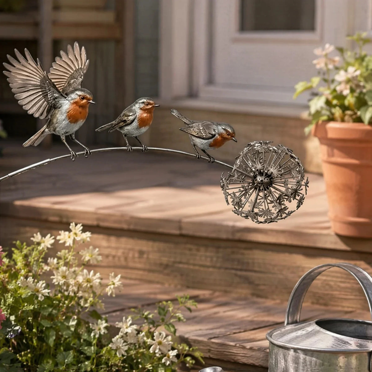 Rustic Robin Bird Garden Stake Dandelion Accent – Metal Yard Art Garden Stake Qme