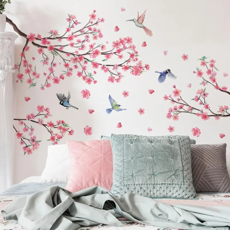 Large Cherry Blossom Wall Stickers – Pink Floral Tree & Birds Wall Decal Sticker Qme