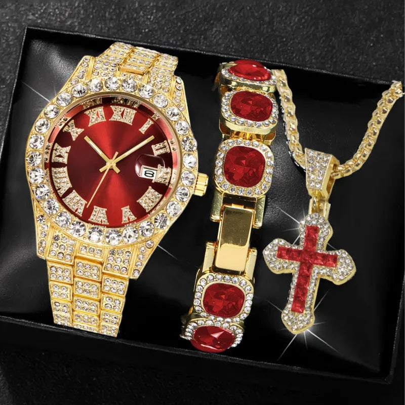 Hip-Hop Diamond Studded Quartz Watch & Bracelet Set – 18 Styles Watch & Bracelet Set Qme