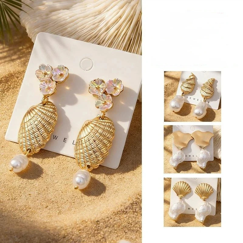 Bohemian Shell Pearl Gold Drop Earrings – Boho Beach Dangles Drop Earrings Qst