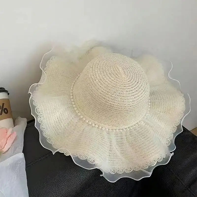 Women's Wide Brim Lace Bow Straw Sun Hat – Beach & Vacation Wide Brim Sun Hat Qst C one size