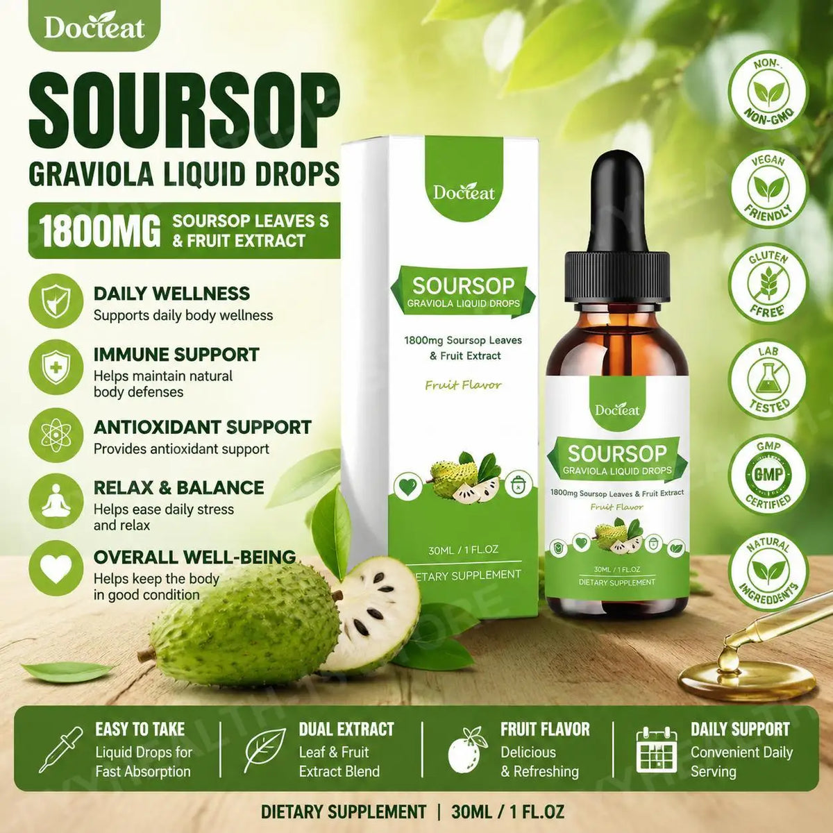 DOCTEAT Soursop Graviola Liquid Drops 500mg – Daily Vitality 30mL Herbal Liquid Supplement Qst