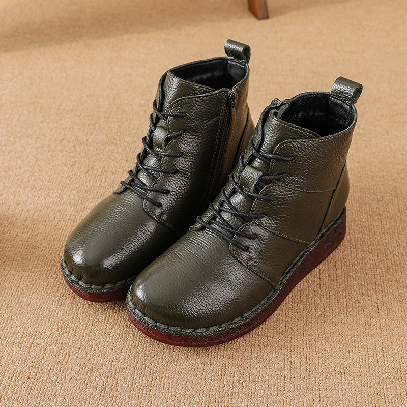 Women's Retro Genuine Leather Ankle Boots – Warm Plush Zip Women's Ankle Boots Qst Dark green 40