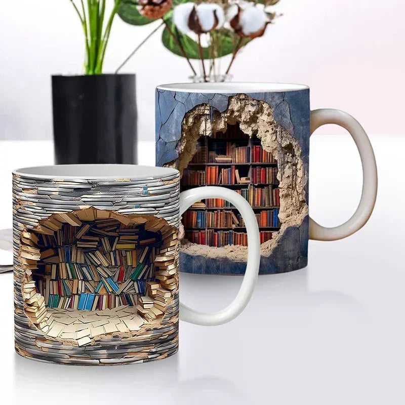 3D Bookshelf Library Mug – Ceramic Coffee Cup Gift for Readers Novelty Ceramic Mug Qst