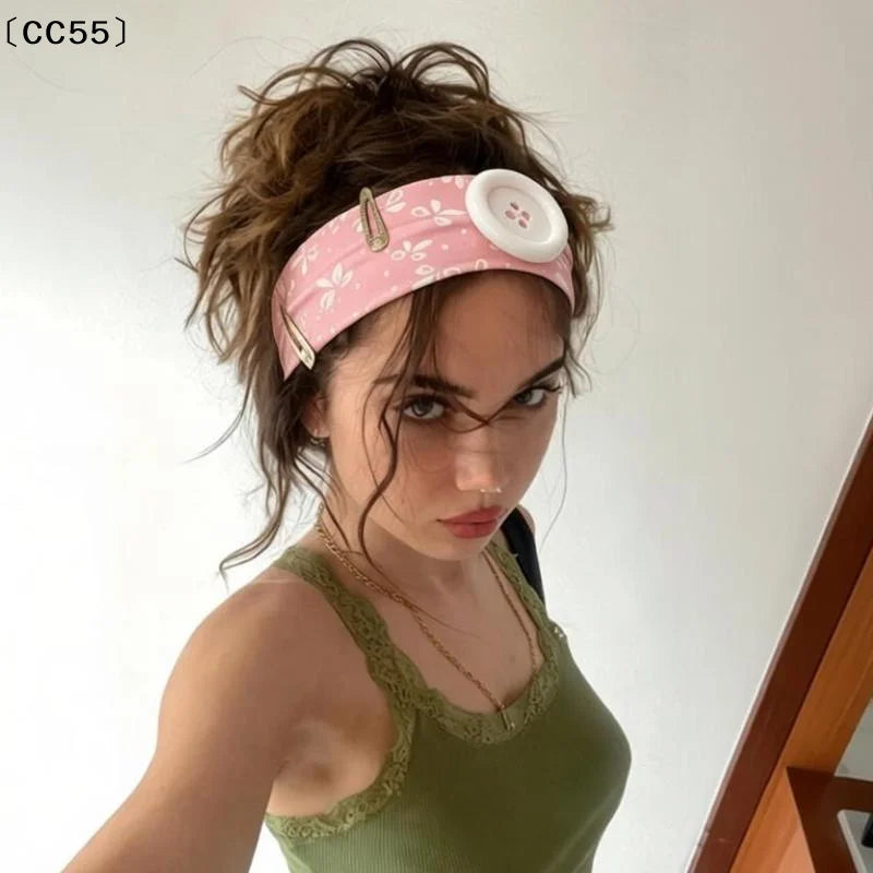 Retro Y2K Cute Print Button Headband – Women's Hair Band Fashion Headband Qst