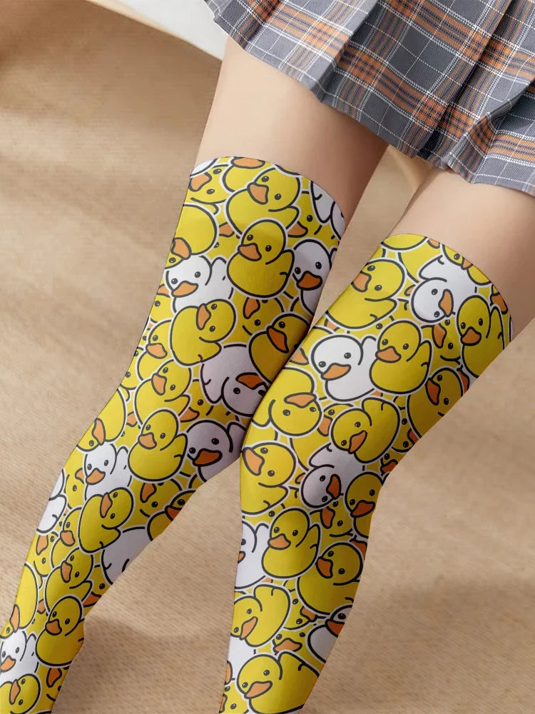 Cartoon Duck Women's Stockings – 3D Print Kawaii Harajuku Novelty Print Stockings Qme