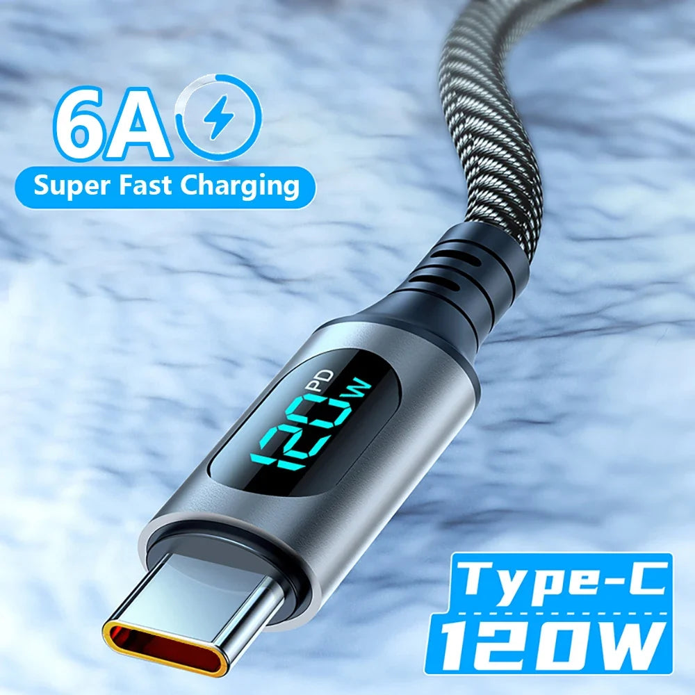 120W USB-C Fast Charge Cable | LED Display | 6A Nylon Braided USB-C Charging Cable Qme