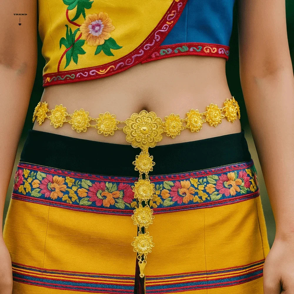 Traditional Metal Ethnic Belt – Hollow Tassel Bell, Silver & Gold Ethnic Waist Belt Qme